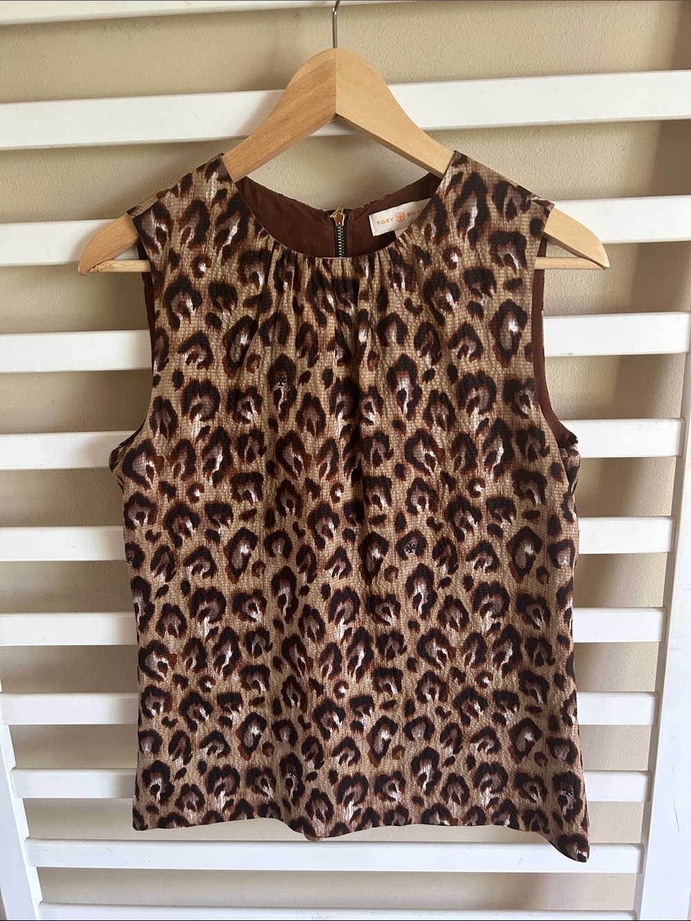 Tory Burch Silk Leopard Metallic Sleeveless Tunic Blouse Brown Gold Size 4
